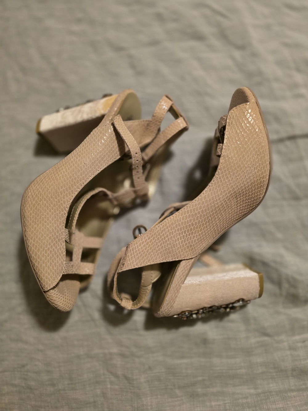 Joyfolie Beige Snake Textured Block Embelished Heels with Ankle Straps